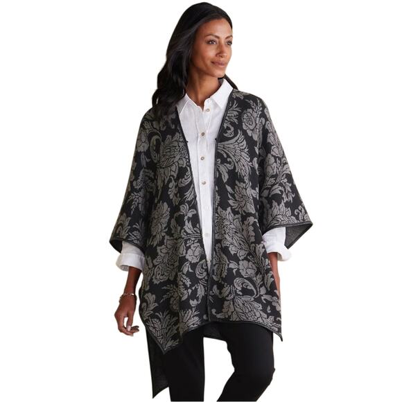 Soft Surroundings Rian Floral Jacquard Ruana Poncho One Size Faux Leather Trim - Picture 1 of 16
